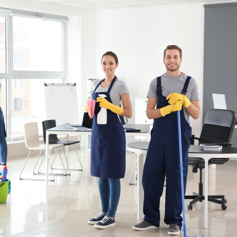 Team of janitors cleaning office